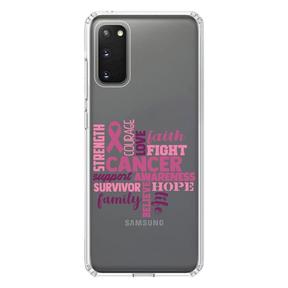 DistinctInk Clear Shockproof Hybrid Case for Galaxy S20 ULTRA / 5G (6.9" Screen) - TPU Bumper Acrylic Back Tempered Glass Screen Protector - Pink Ribbon Cancer - Word Art
