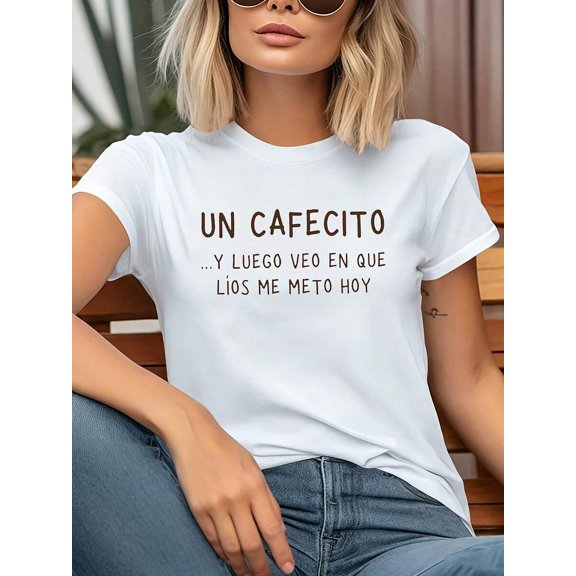 【New Arrival】Un Cafecito Spanish Coffee Quote Graphic T-Shirt, Women Funny Latina Casual Short Sleeve Tee