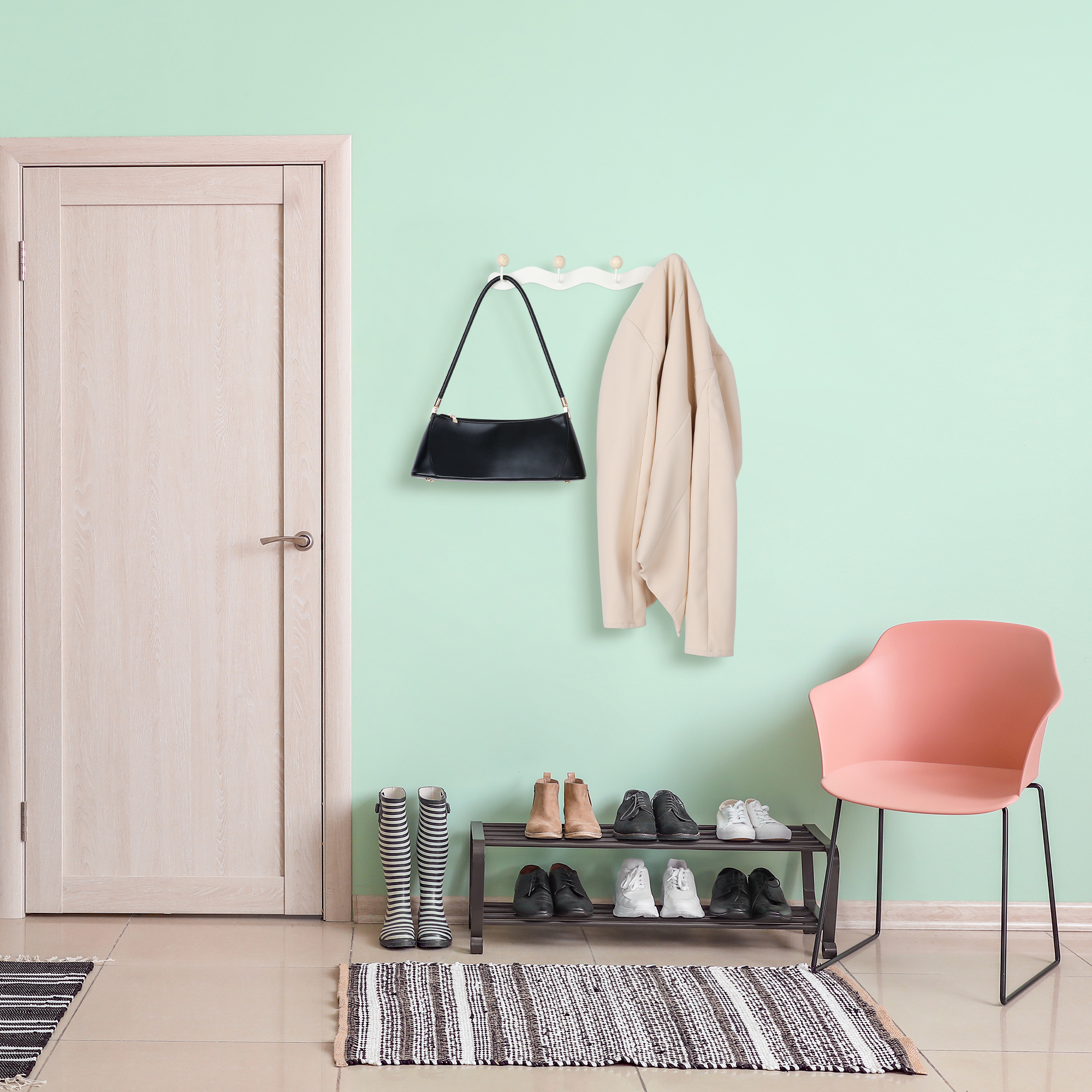 Unique Bargains Coat Rack Wall Mount Coat Hook for Hanging with 4 Hooks for Bedroom White