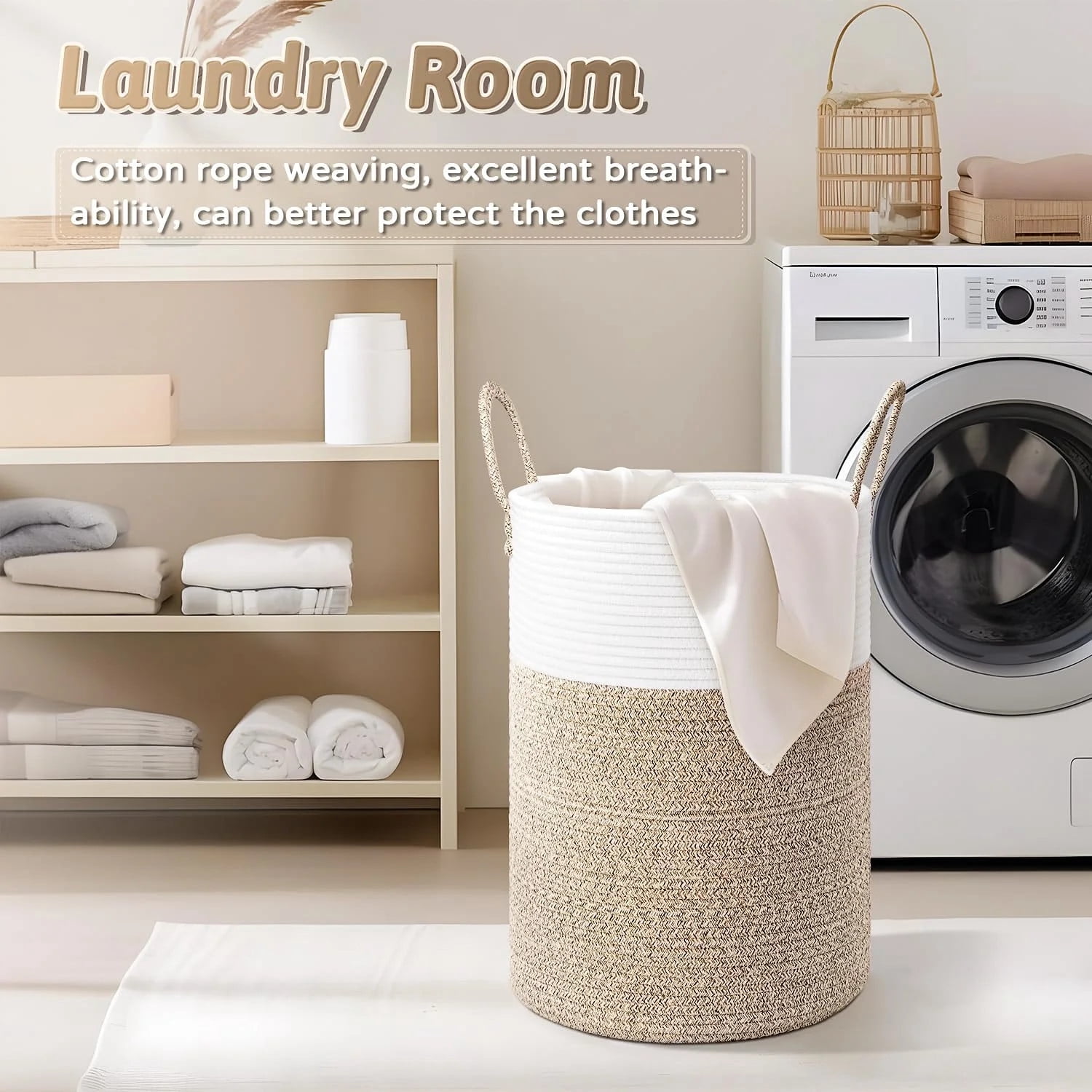 TEAFIRST 60L Laundry Hamper, Woven Cotton Rope Large Capacity Laundry Hamper Handles for Bathroom
