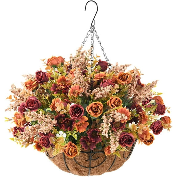 Artificial Hanging Flower in Basket Outdoor Indoor Patio Lawn Decor,Fall Silk Rose Flowers Arrangements in Vase,Fake Rose Bouquets with Flowerpot for Garden Porch Decor(Hemispherical)