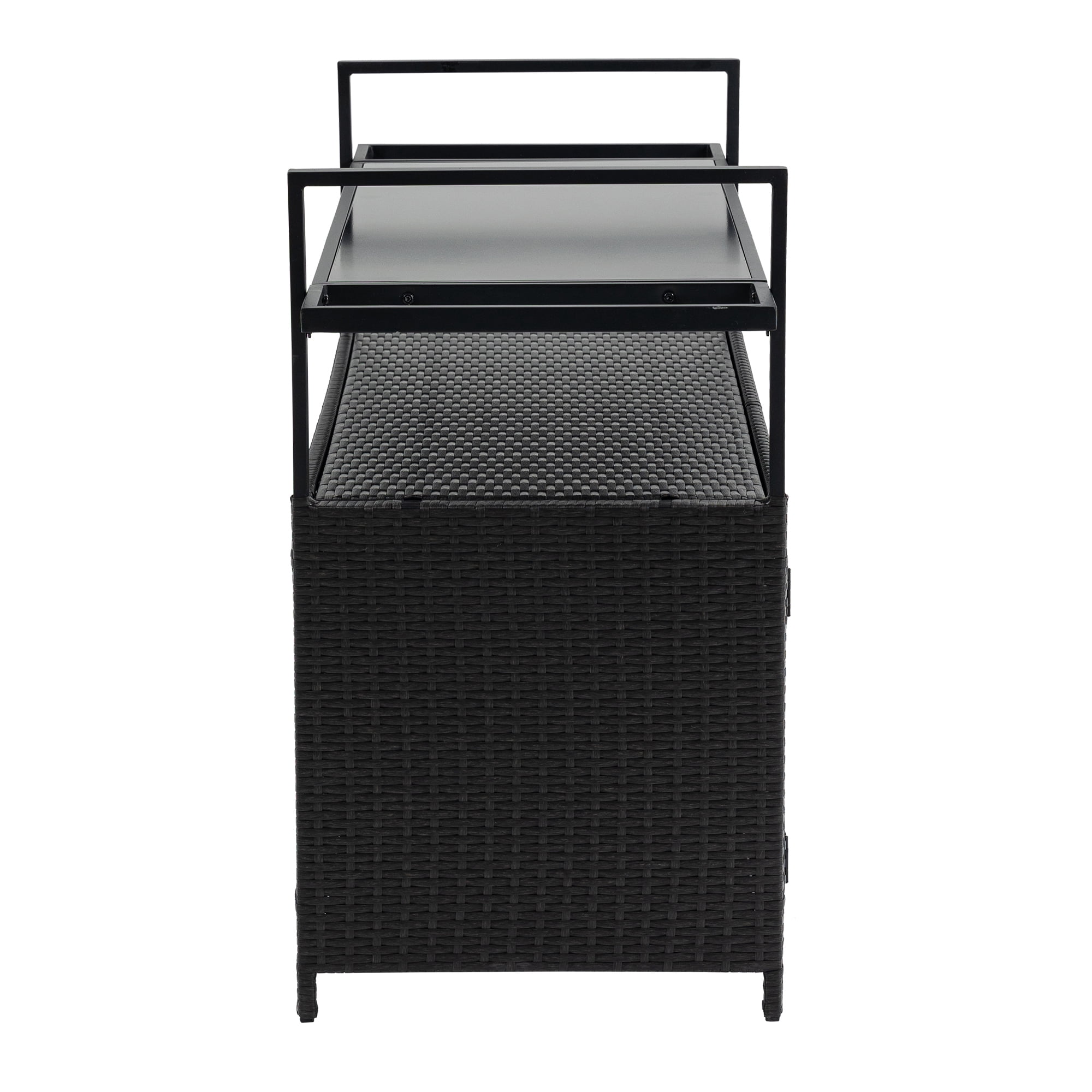 Outdoor Bar Cart,Patio Wicker Wine Serving Cart w/Wheels,Rolling Rattan Beverage Bar Counter Table w/Glass Top for Porch Backyard Garden Poolside Party,Black