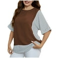 thumbnail image 2 of Crunowin Womens Plus Size Striped Shirts Trendy Round Neck Short Sleeve Blouse Tops Coffee Size XL, 2 of 6
