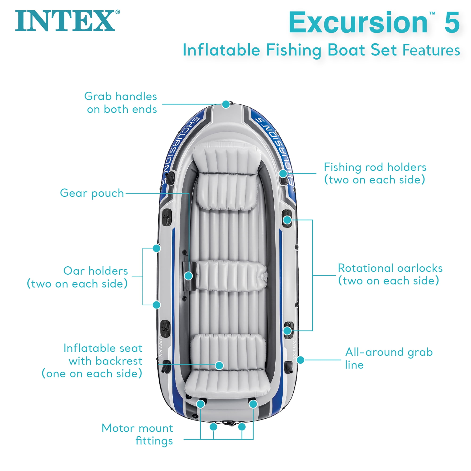 Intex Excursion 5 Inflatable Boat Set w/Transom Mount Trolling Motor