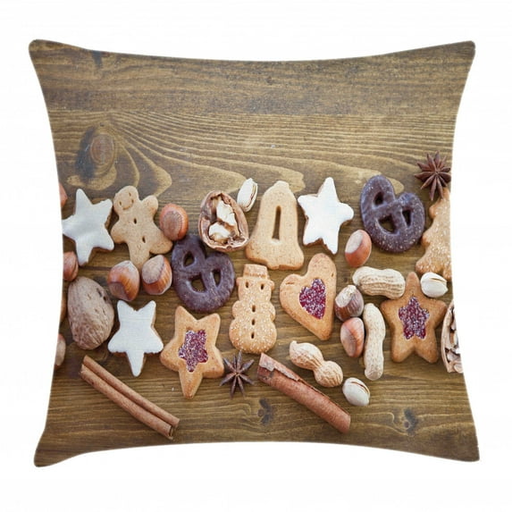 Cookie Throw Pillow Cushion Cover, Assorted Cakes and Sweets in Frosting Nuts and Gingerbread Man Stars Glazing, Decorative Square Accent Pillow Case, 20" X 20", Multicolor, by Ambesonne