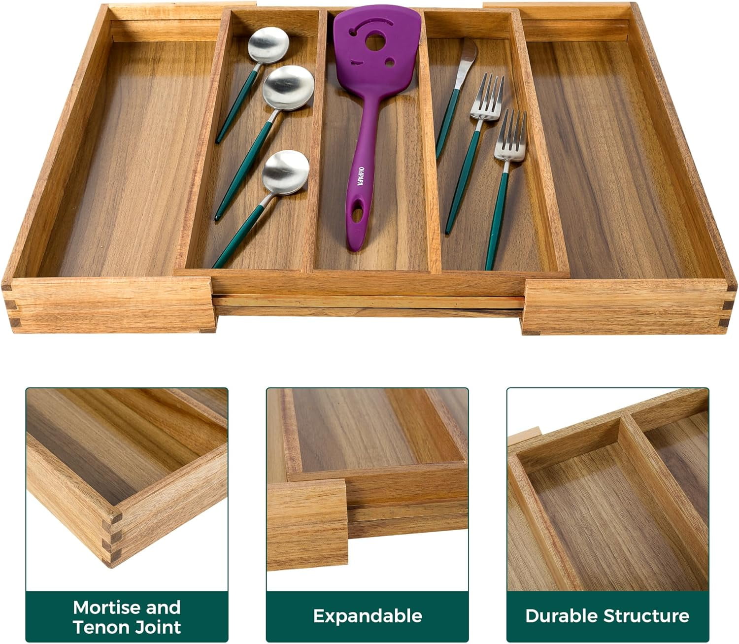 Acacia Kitchen Drawer Organizer Expandable, Large Utensils and Cutlery Tray, Adjustable Silverware Divider for Knives Flatware