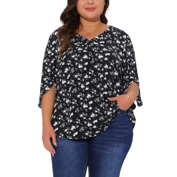 Blusa de gasa de mujer plus size Agnes Orinda, con cuello en V, manga 3/4, estilo casual de verano, talla 4X, color negro