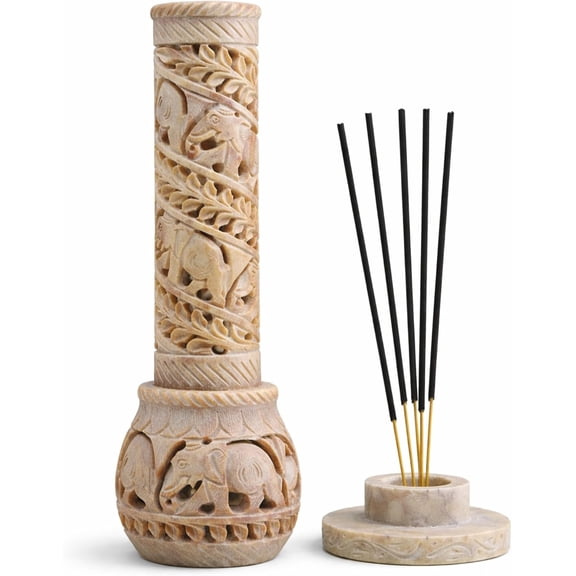 Hand Carved Soapstone Incense Stick Holder | Candle Burner | Tea Light Stand. Elephant Jaali Carving Bottle Shape. Decorative Home and Kitchen Decor - (3x3x10.5 Inches)