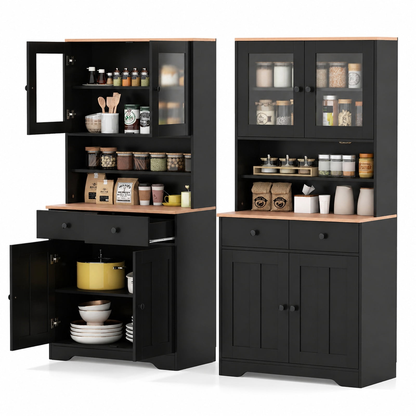 Furnibear Tall Kitchen Pantry Cabinet with Glass Doors 2 Drawers Adjustable Shelves and Countertop Freestanding Storage Cabinet for Kitchen, Black