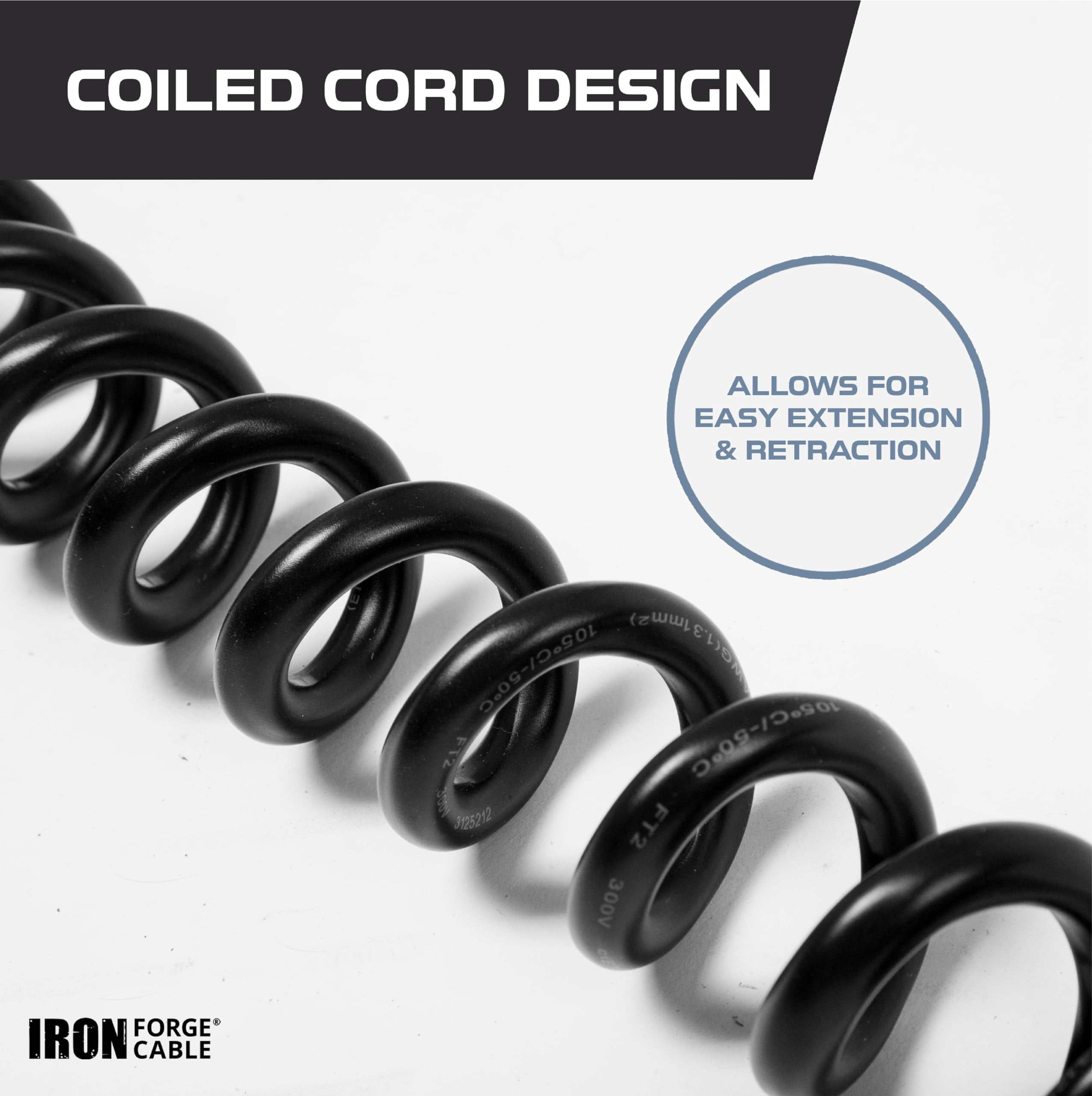 Iron Forge Cable 15 Amp Replacement Coiled Extension Cord 8 ft - SJEOW Oil Resistant & Flat Plug 3 Prong, 14 Gauge Coiled Cord for Outdoor & Indoor