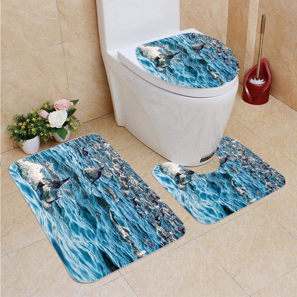 PUDMAD Dolphins in Ocean 3 Piece Bathroom Rugs Set Bath Rug Contour Mat