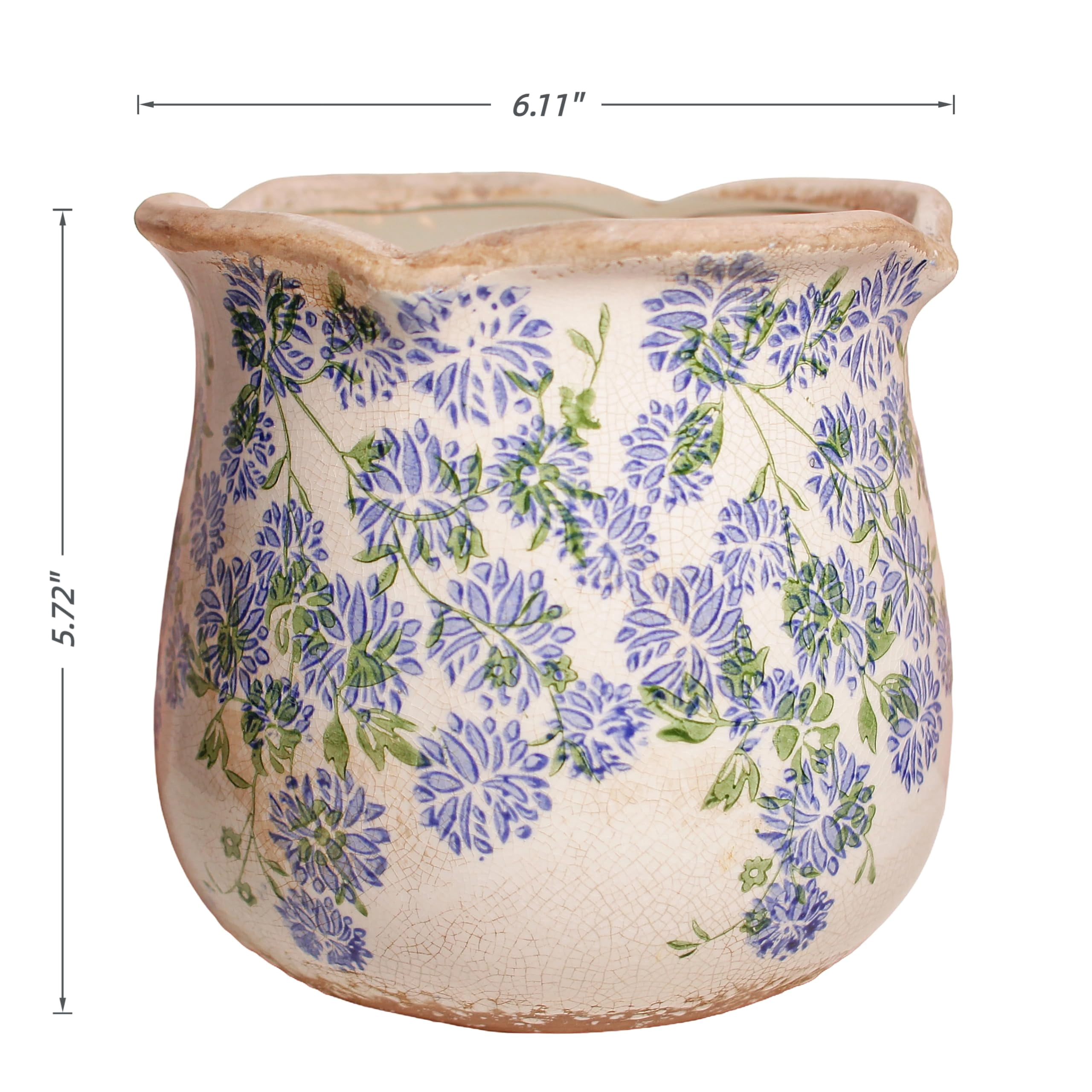 Ceramic Pots for Plants, Vintage Plant Pot with Drainage Hole, 6.11in. Planter for Indoor Plants, Crackle Glaze Finish Flower Pot, Perfect Ceramic Planter for Gardening, Red Blooms