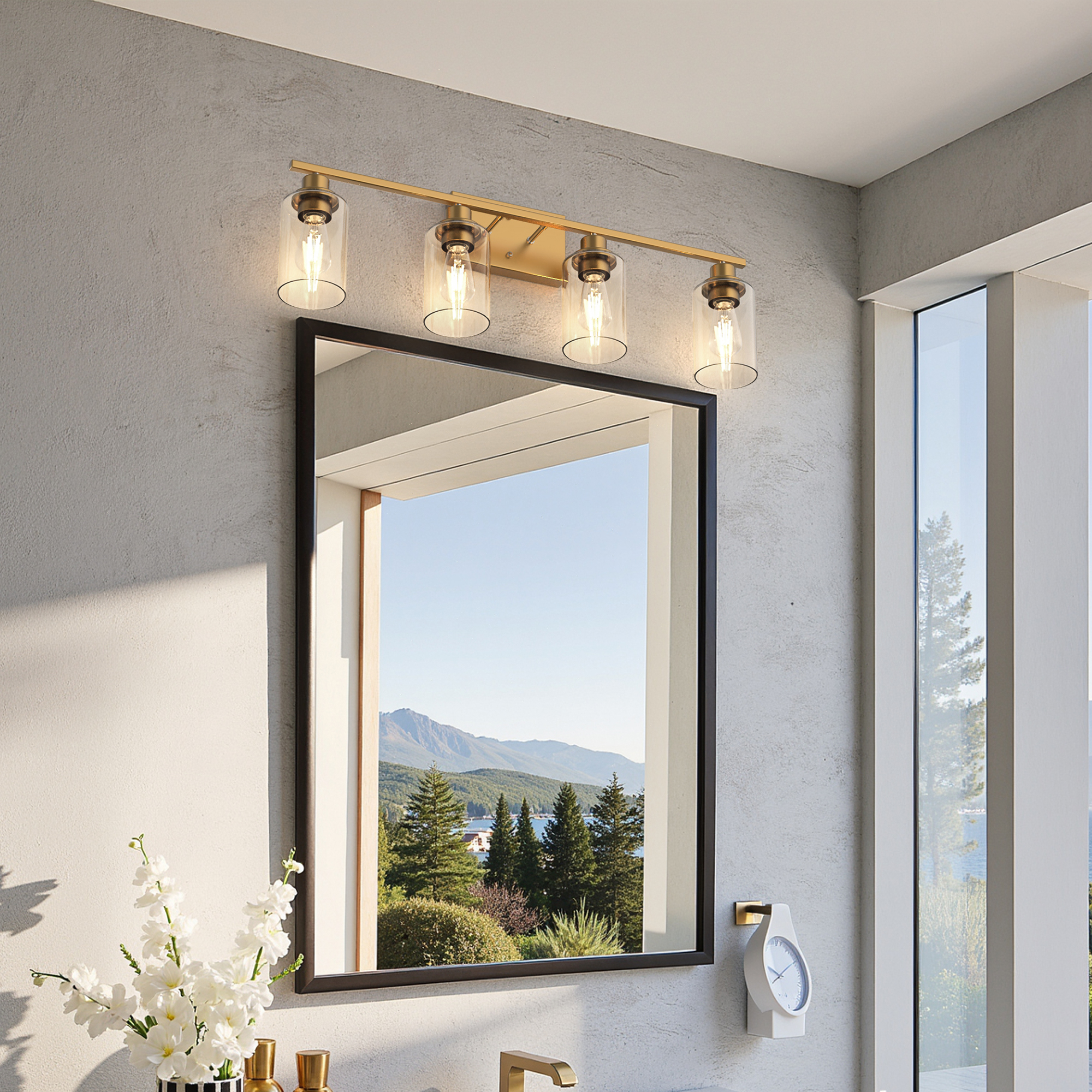 YANSUN 32 in 4-Light Gold Industrial Bathroom Vanity Light with Clear Glass Shades, for Master Bath, Guest Bathroom, Powder Room or Bedroom