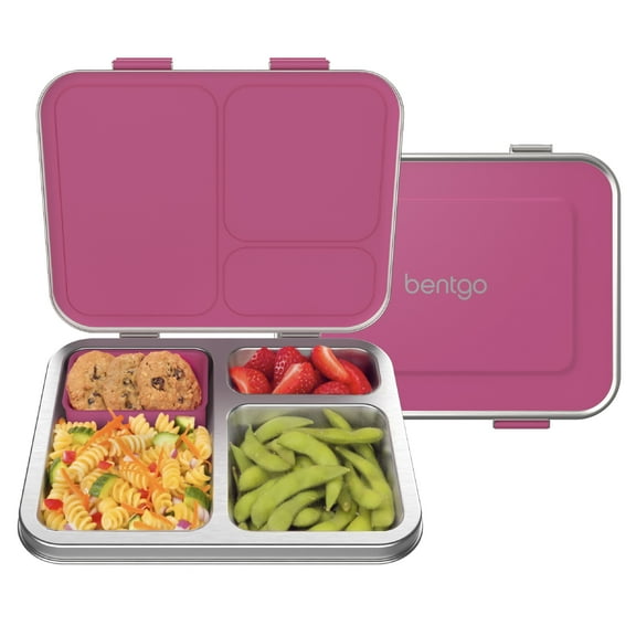 Bentgo Kids Stainless Steel Leak-Resistant Lunch Box - 3-Compartments with Bonus Silicone Container, Durable, Eco-Friendly, Dishwasher Safe, BPA-Free, Ideal for School, Ages 3 (Fuchsia)