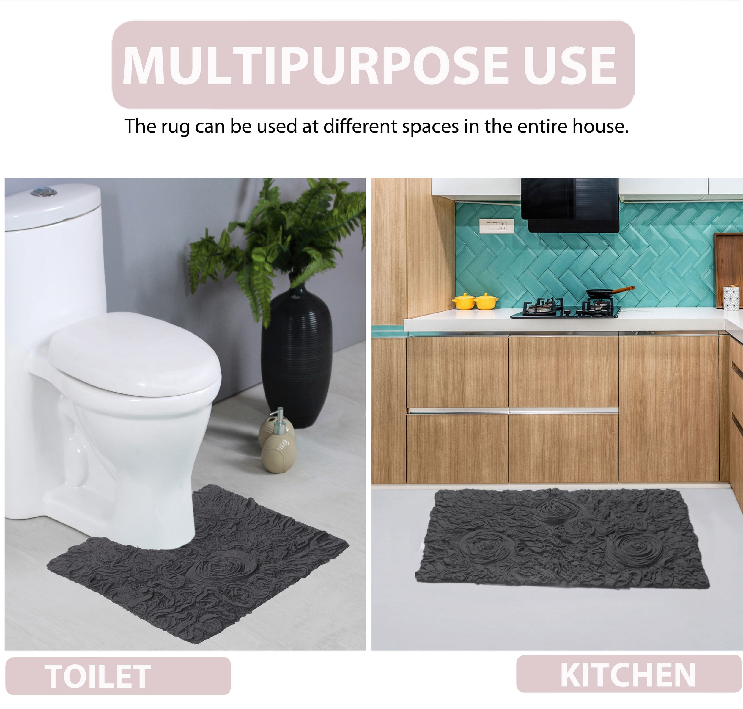 Home Weavers Bell Flower Collection 100% Cotton Non-Slip Bathroom Rug Set Machine Washable Heart Shape Bath Rug-25"x25", Bath Rug- 21"x34", Gray Color 2 Piece Bath Carpet set