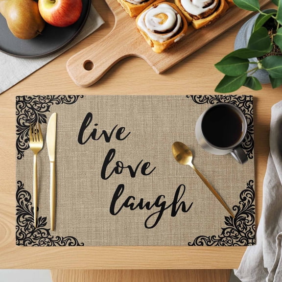 Live Love Laugh Placemats Set of 1, Retro Black Floral Texture Brown Linen Texture Heat Insulated Linen Place Mats, Washable Stain-Proof Table Mats for Dining Tables Holiday Decor 13x19 Inches