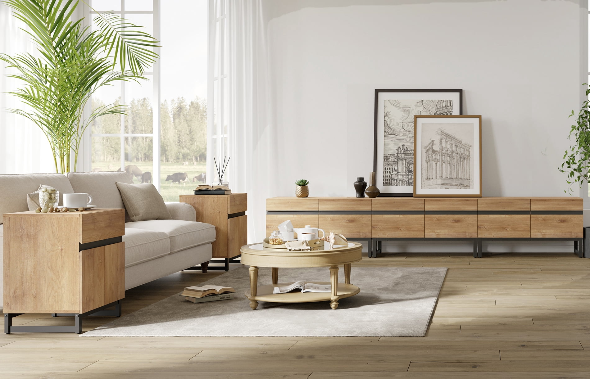 Modern 3-Piece Living Room Set, 106 Inch TV Stand And 2 End Table Sets With Drawers, Media Console with Storage Shelves, Sturdy Wood Frame & Metal Legs, Contemporary Furniture for Living Room,Oak