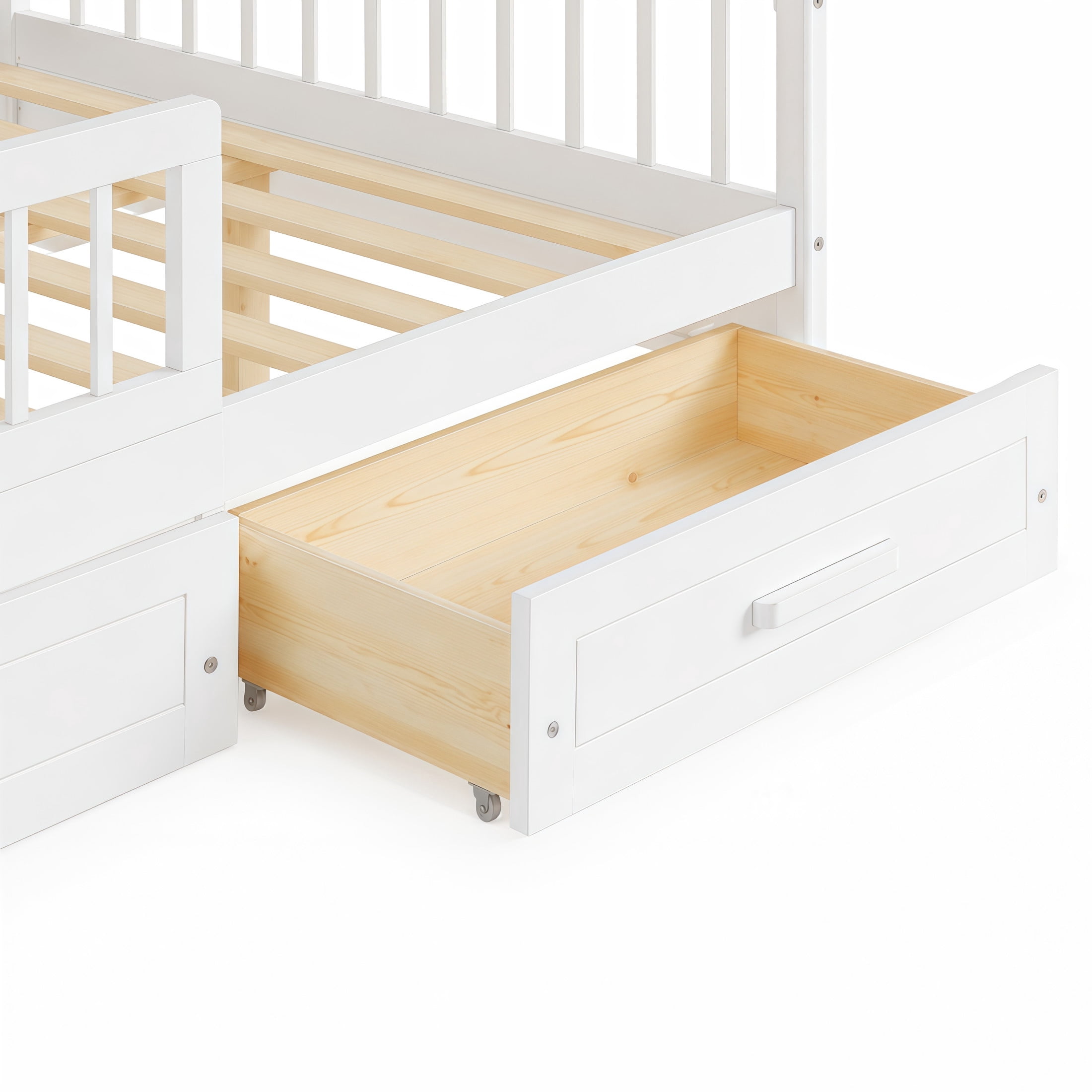 Noble House Orielle Full Kids Bed Frame with Storage Drawers, Low-Profile Platform Bed with Safety Guardrails, White