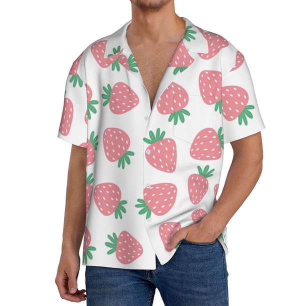 Fotbe Strawberry Camisa Estampada de Manga Corta para Hombre, Casual de Verano, Estilo Playero, Sin Arrugas-Medium
