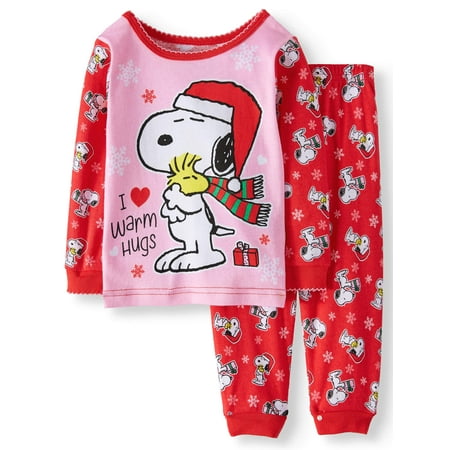 Snoopy Baby Girls' Christmas Long Sleeve Tight Fit Pajamas, 2-Piece Set