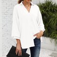 thumbnail image 2 of Camisa blanca con botones y mangas tres cuartos, talla M Blusa de mujer con escote en V y mangas abullonadas, 2 of 6