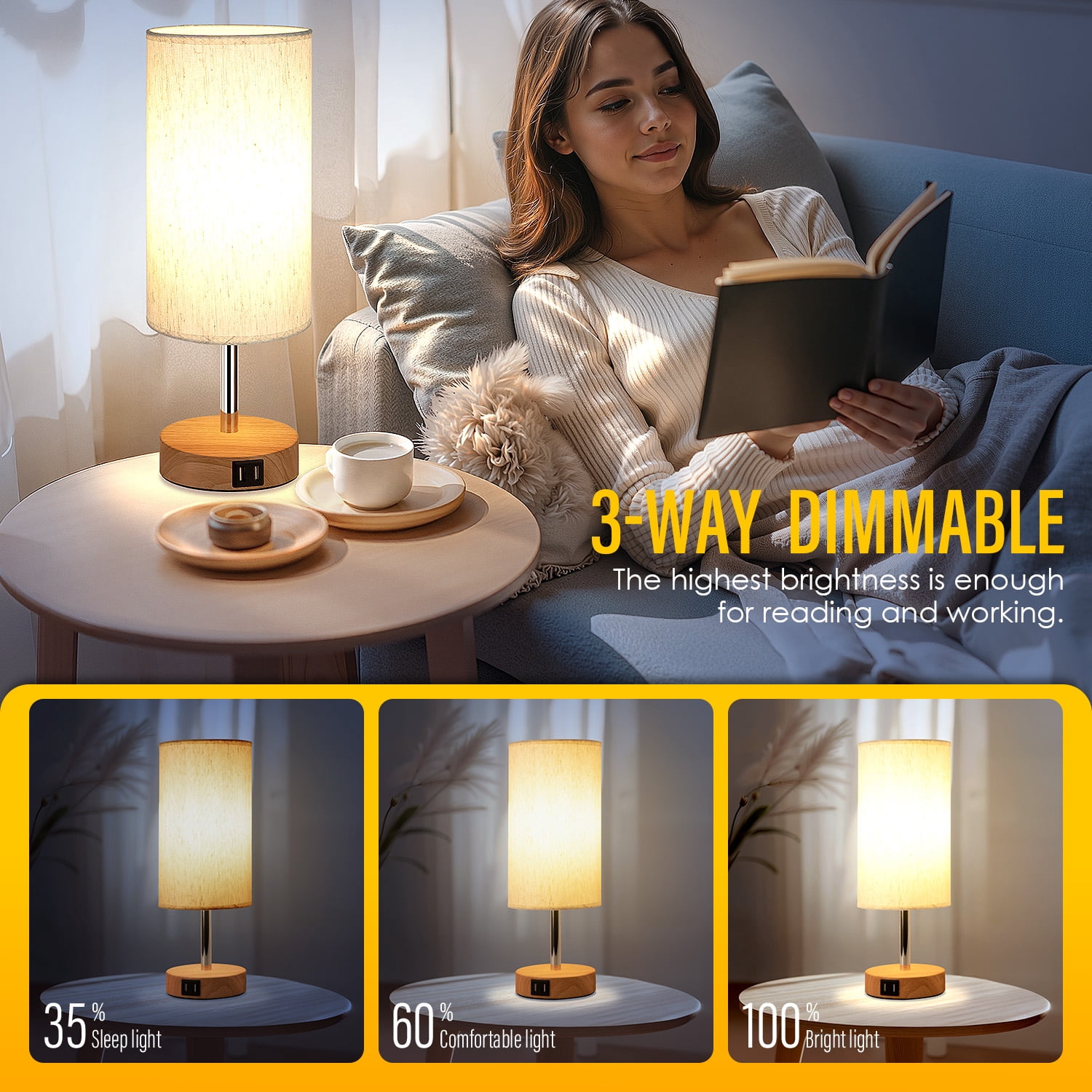 Bedside Lamps Set of 2 with USB Charging Ports - Touch Control Table Lamp for Bedroom Wood 3 Way Dimmable Nightstand Lamp with Round Flaxen Fabric Shade for Living Room,Dorm,Office