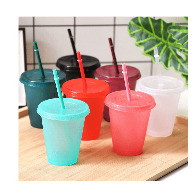 Plastic Christmas Cups,5 Packs Glitter Reusable Plastic Cups with Straw and  Lid Water Cup 16 oz Iced Coffee Cup Portable Tumbler, Reusable Plastic