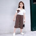 thumbnail image 6 of Toddler Kid Girl Clothes Bow Short Sleeve Top Off Shoulder Shirt High Waisted Shorts Baby Girl Summer Outfit 8-9 Years, 6 of 6