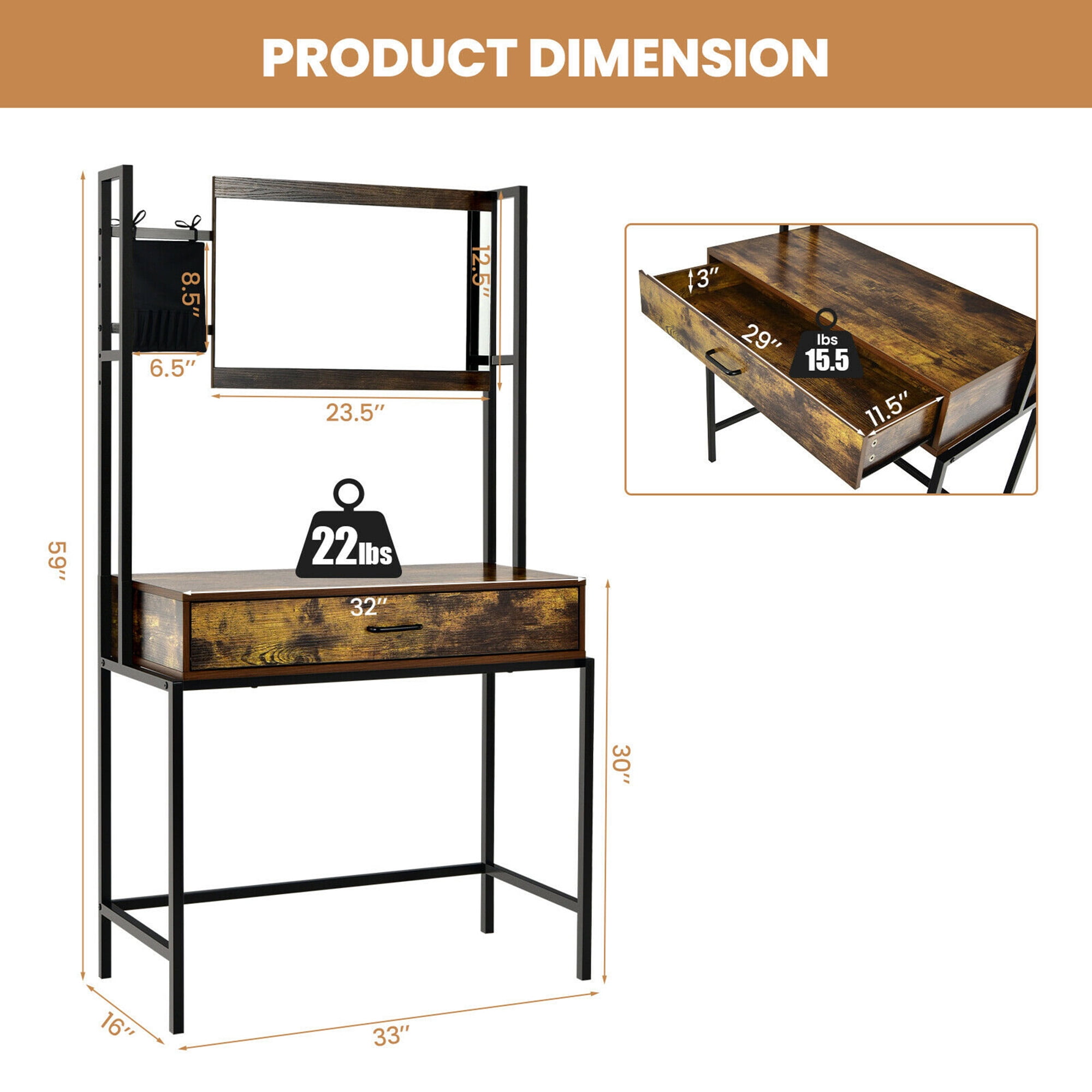 Gymax Large Drawer Vanity Table with 3-Height Adjustable Mirror Storage Bag
