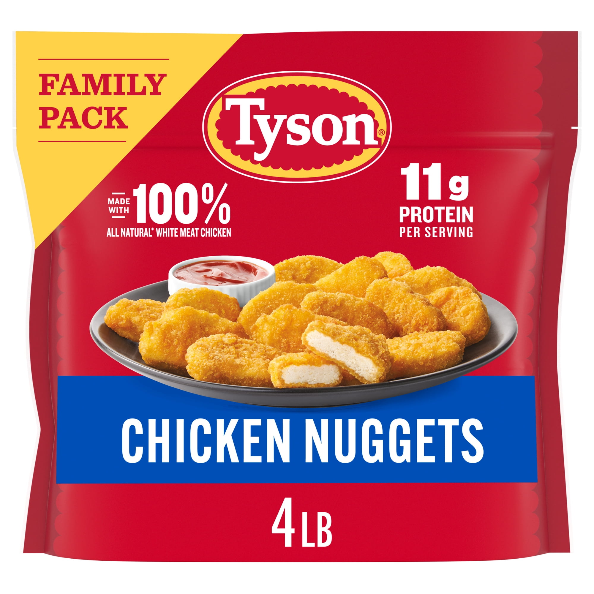 Tyson Frozen White Meat Chicken Nuggets, Family Pack, 64 oz, 11g Protein per Serving (Fully Cooked)