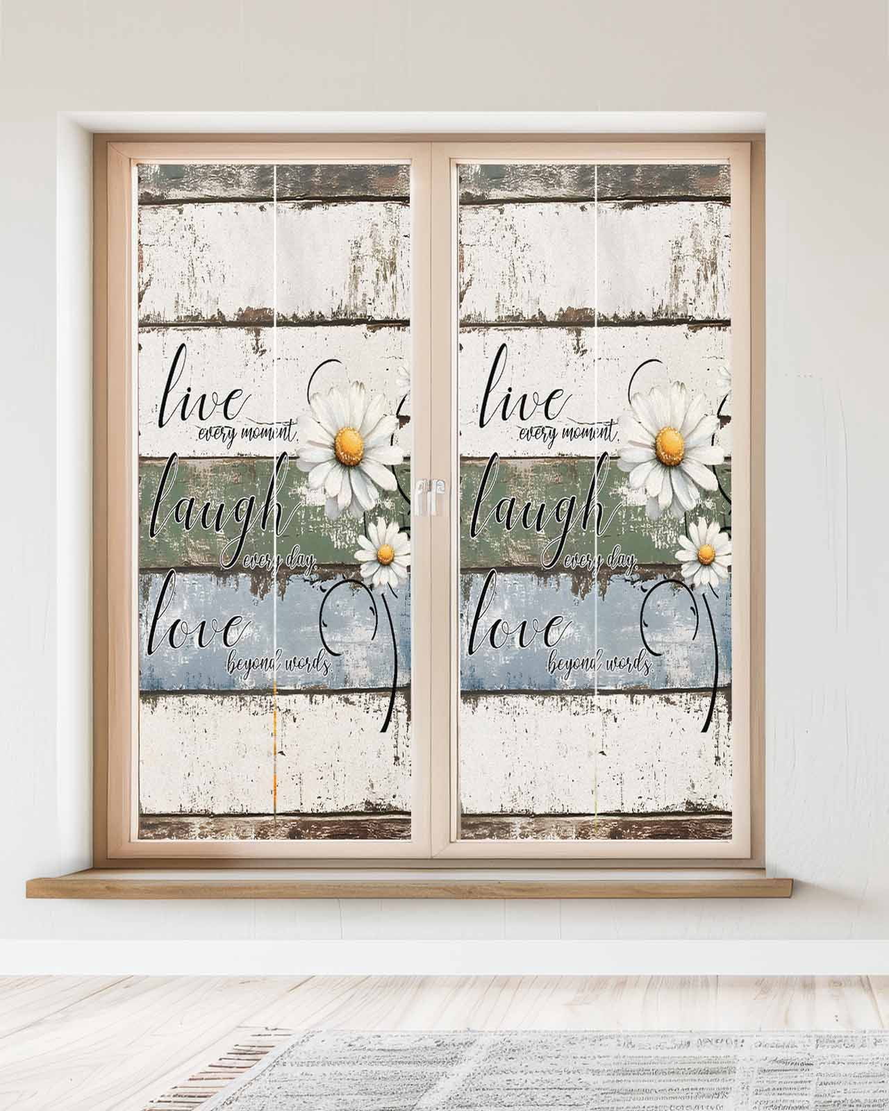 Window Privacy Film White Green Blue Stained Glass Window Film Decorative Sun Block Window Cover Vintage Wooden Rustic White Daisy Floral Window Clings Static Adhesive Sticker for Bathroom 23.6"x59"