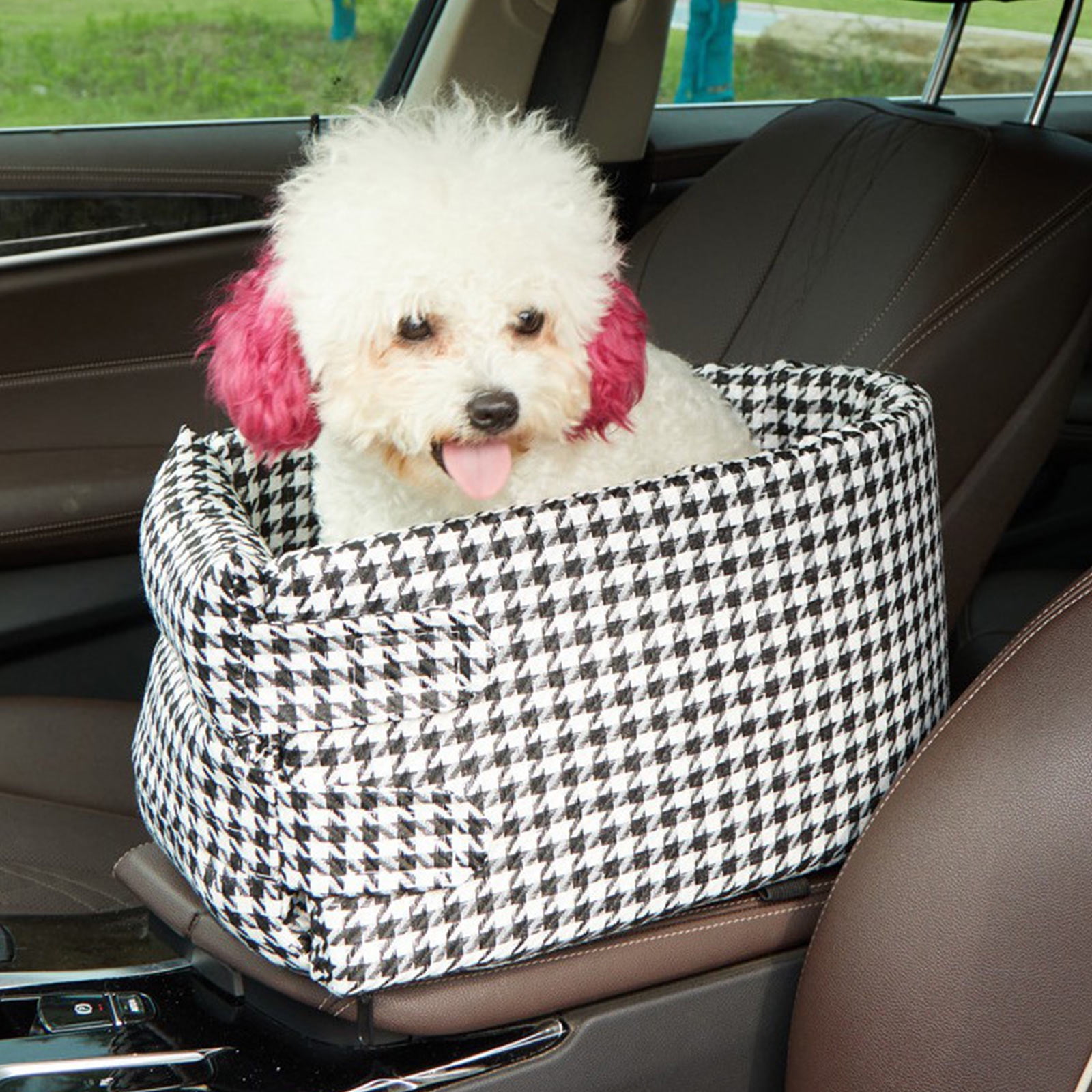for Small Dogs - Front Seat Console Booster with Removable Washable Cover, Includes AB Double - Sided Pad, for Dogs Up to 13lbs, Green Houndstooth, Car Travel, Outdoor Use