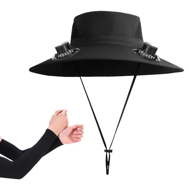 Sombrero de pescador de verano negro con carga USB solar, sombrero de ventilador de doble uso para hombres, ventilador de carga de viento fuerte, cargable por USB con energía solar, 48 cm con un par d