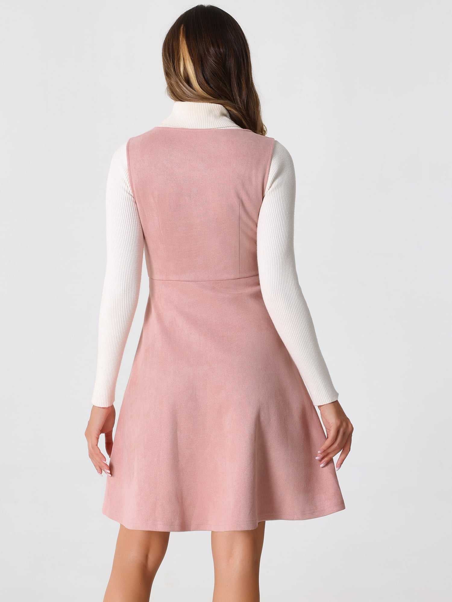 DARING DIVA Round Neck Sleeveless A-Line Pleated Faux Suede Overall Dress S Pink
