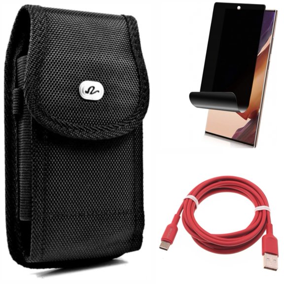 6ft USB-C Cable & Case Belt Clip & Privacy Screen Protector for Samsung Galaxy Note 20 Ultra (6.9") - Combo with Red Charger Cord & Rugged Holster & TPU Film Anti-Peep