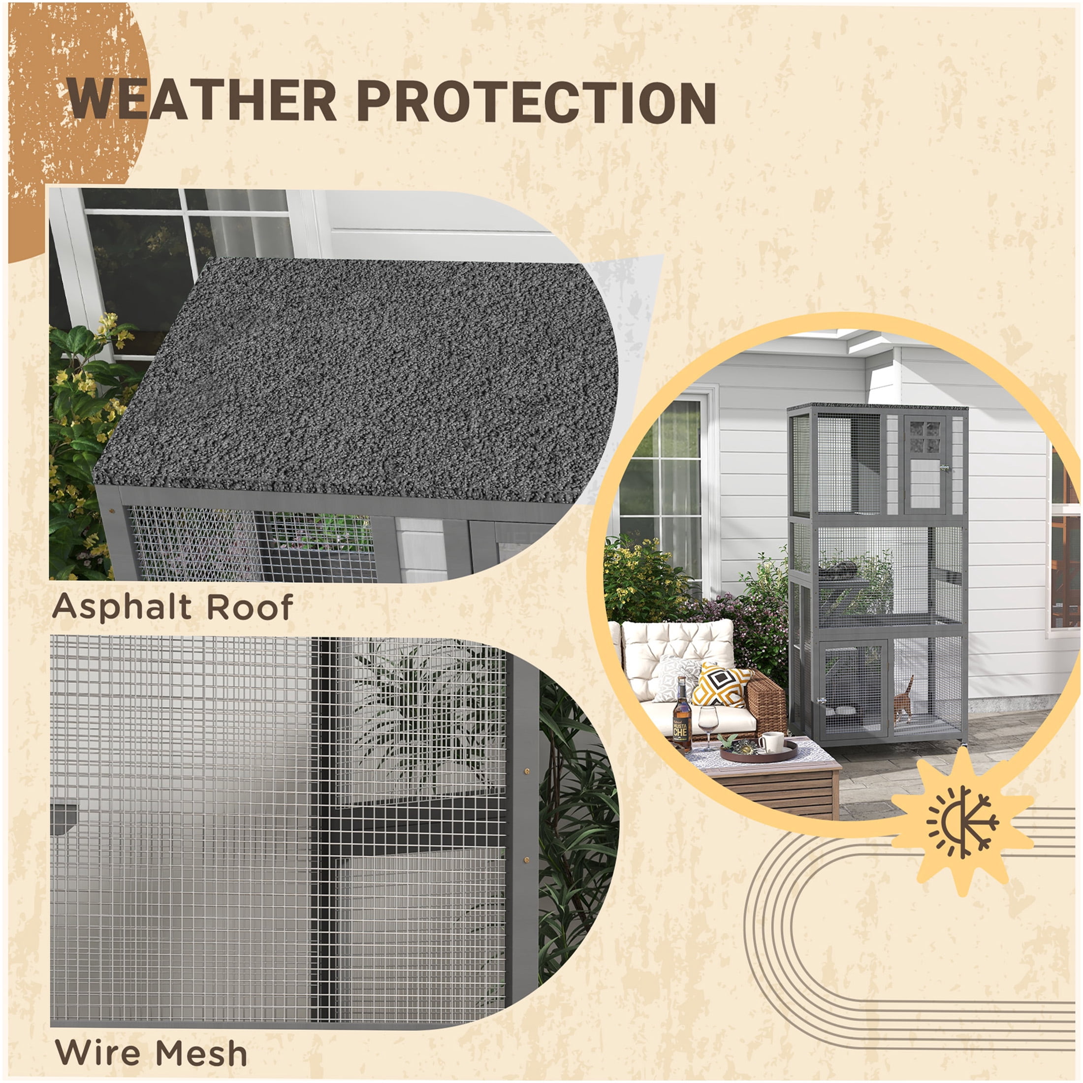 JERFIT 74" Outdoor Wooden Cat House Enclosure with Wheels, Weatherproof Large Catio Cage Condo for Indoor Outside Use, Light Gray