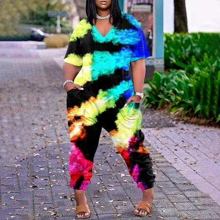 

Tawop Casual Women Fashion Loose V-Neck Short Sleeve Printing Pockets Jumpsuit Short Long Pants Coverall Woman