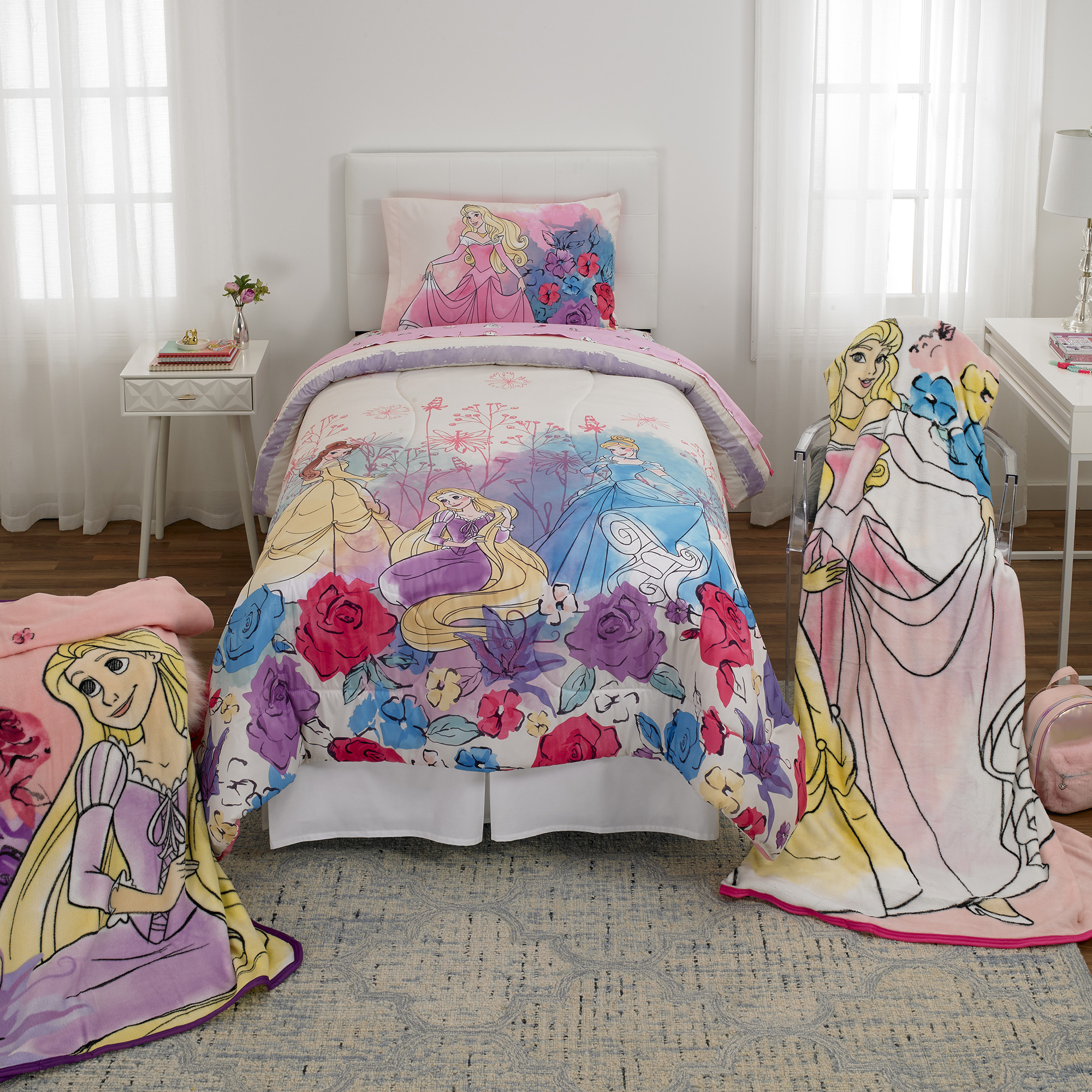 Disney Princess Kids Twin Sheet Set, Pink and White