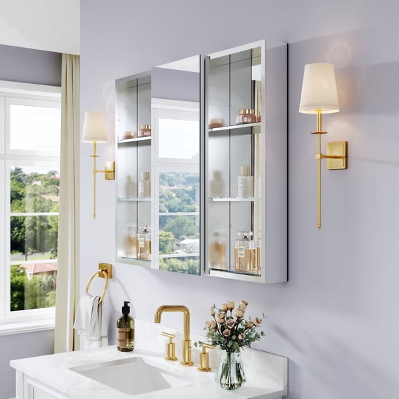 ANGELES HOME 36" x 30" Bathroom Medicine Cabinet with Copper-Free Tri-View Mirror, Open Side Cabinet, Recessed or Surface Mount, Soft-Close Doors, Adjustable Glass Shelves