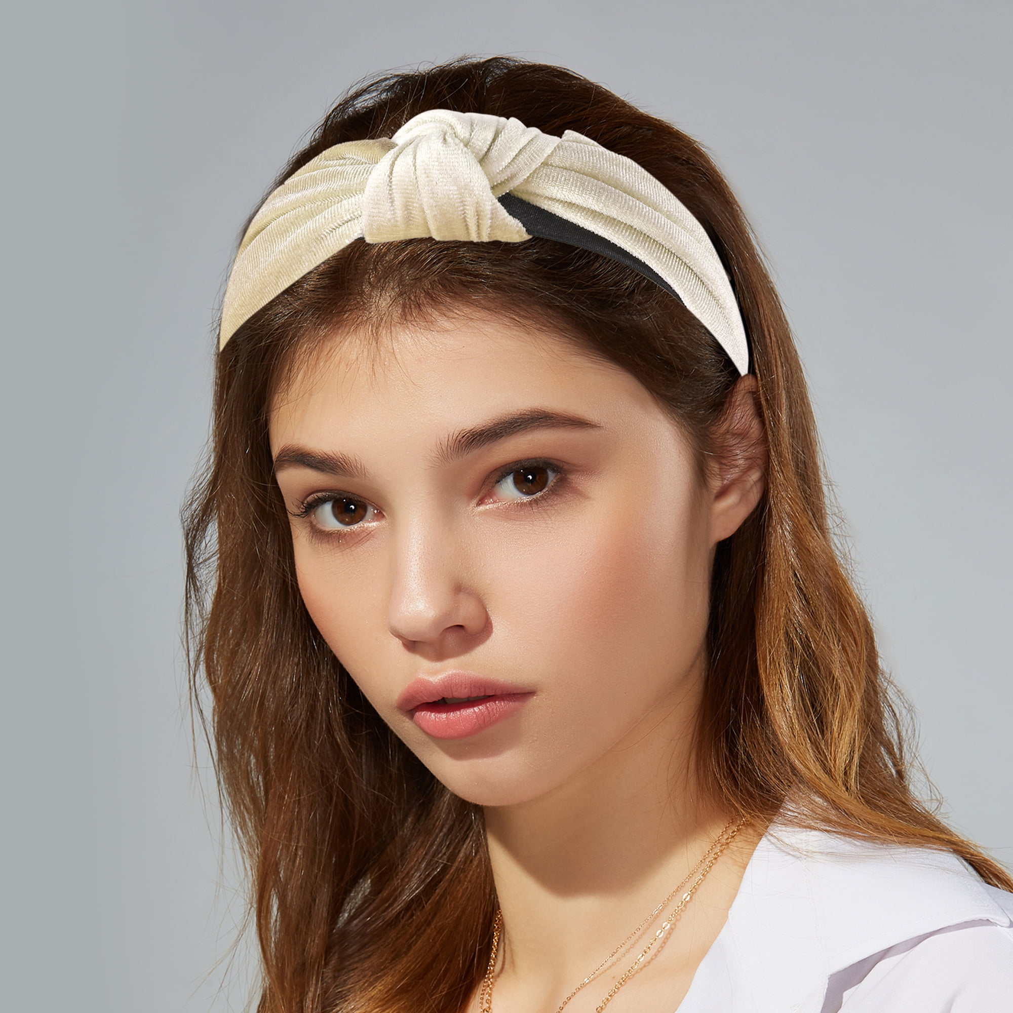Unique Bargains Velvet Knotted Headbands Hairband for Women 1.2 Inch Wide Beige