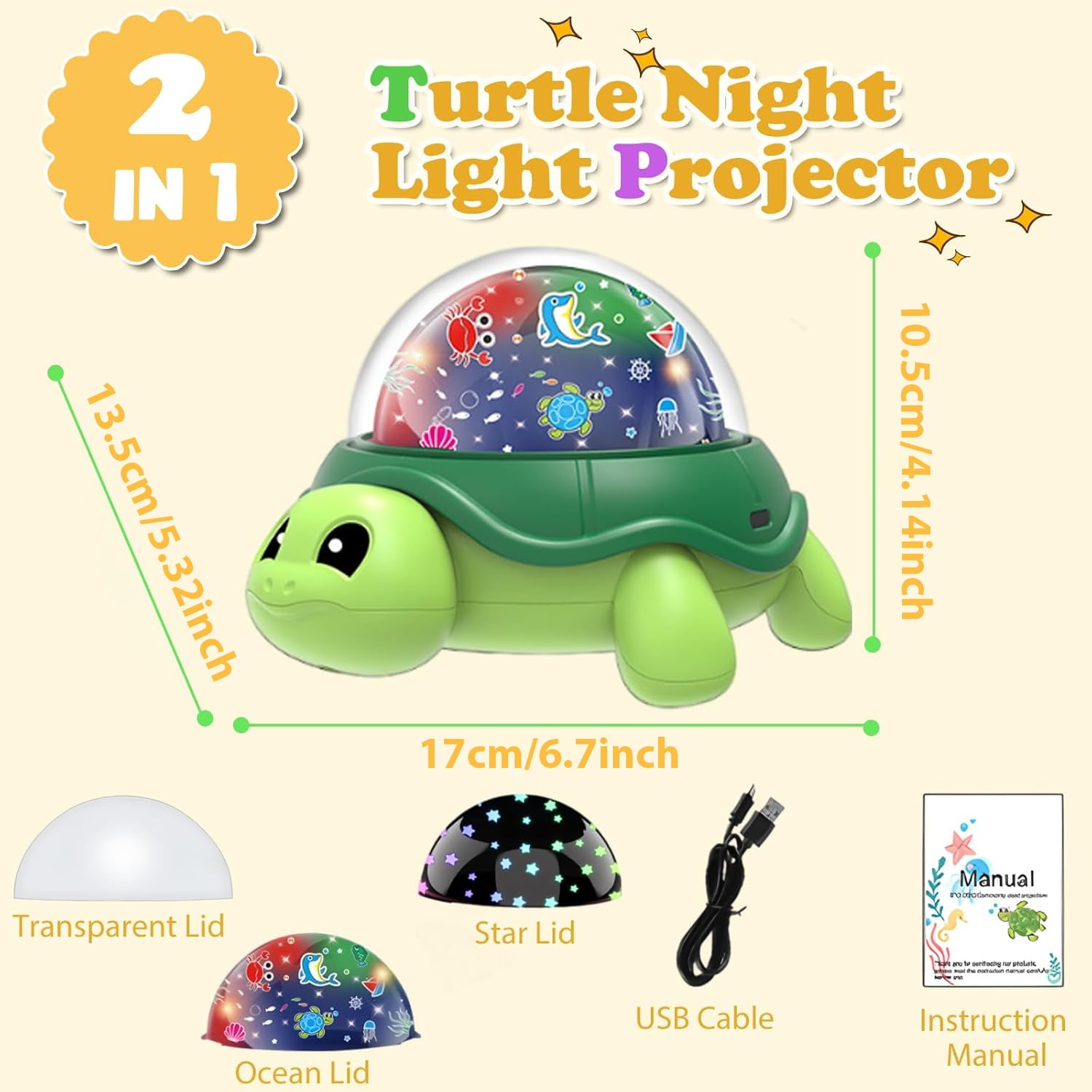 VIVIHEYDAY Cute Turtle Night Light Projector for Kids, Ocean World Star Galaxy Ceiling Lamp Color Changing, 360° Rotation, USB Powered, Christmas Birthday Gifts
