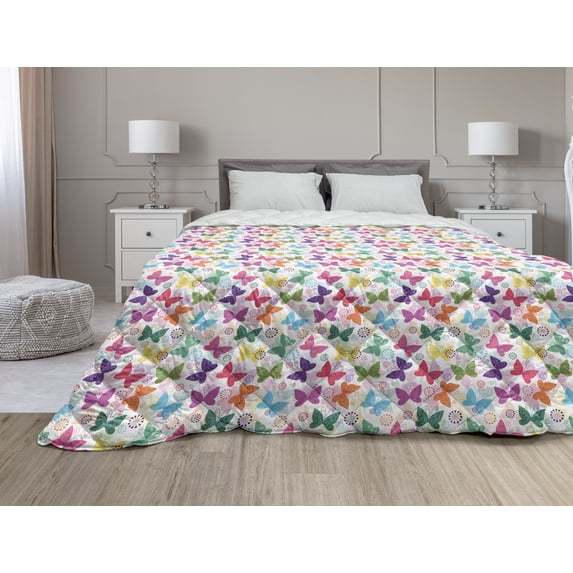 Butterfly Down Alternative Comforter, Vibrant Animals Psychedelic Sixties Inspired Color Palette Nature Illustration, Microfiber Quilt for All Season, 5 Sizes, Multicolor, by Ambesonne