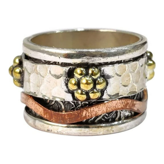 Hammer Spinner Band, Bohemian Ring, 925 Sterling Silver Ring, Spinning Thumb Ring, Three Tone Ring, Fidget Ring, Handmade Jewelry, Christmas Oxidized, Brass Copper Band, Anxiety Ring, Mans Band Gifts