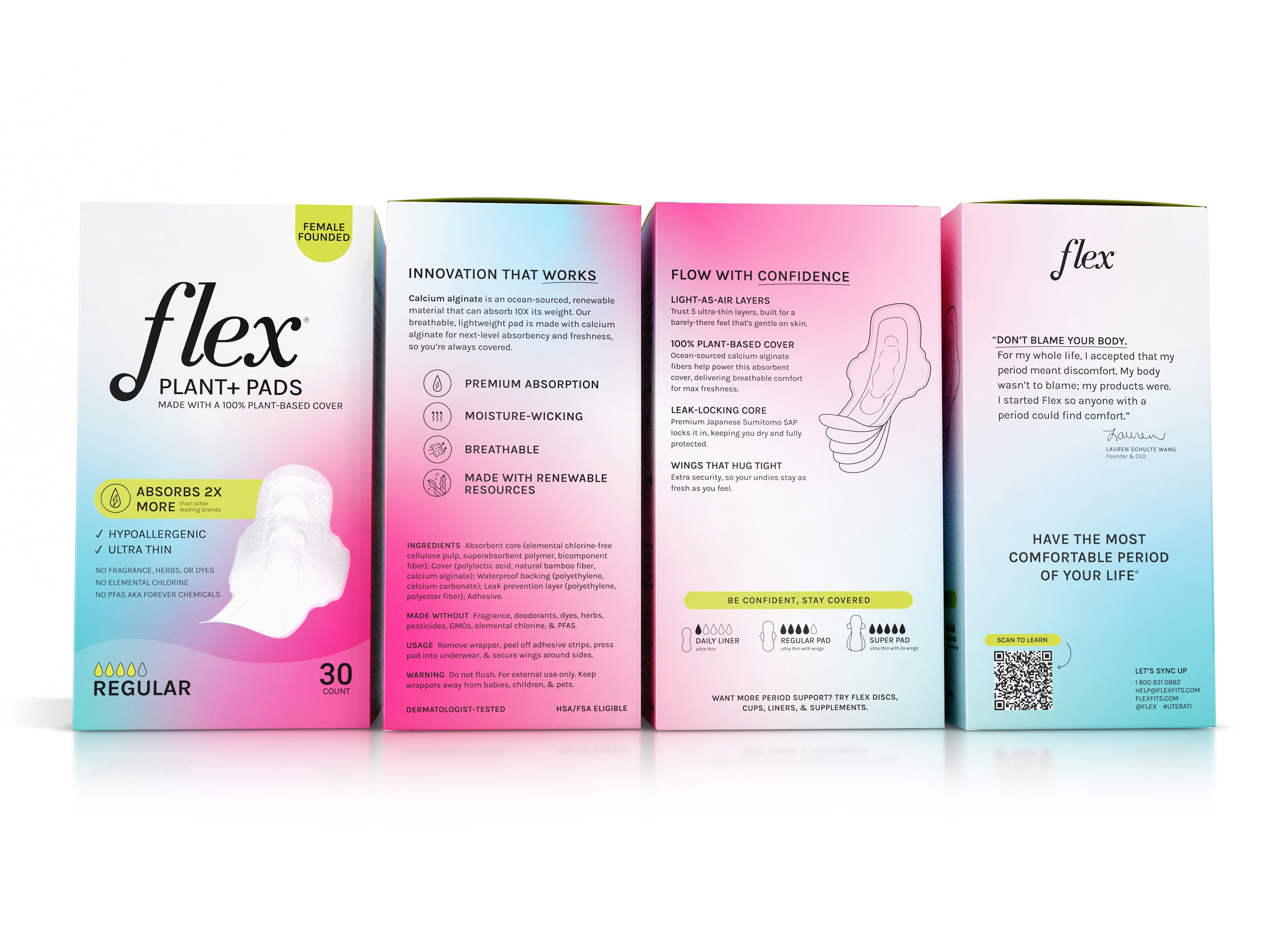 (6 pack) Flex Plant+ Pads with Wings, Regular, Heavy Absorbency, Ultra Thin, Unscented, 30 Count, Hypoallergenic