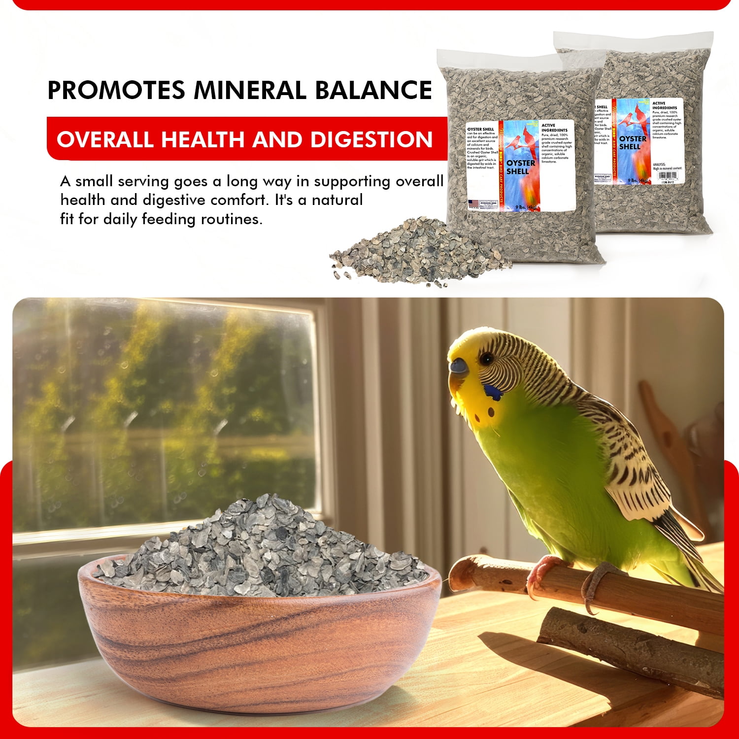 Morning Bird Oyster Shell for Birds 18 lbs (2-Pack, 9 lbs Each) - Natural Calcium Supplement – Sustainably Harvested From California Coast - Safe Year-Round Bird Food Additive