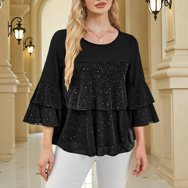 Ounisa Womens Dressy Sparkly Peplum Tops 3/4 Sleeve Ruffles Elegant Evening Flowy Blouses