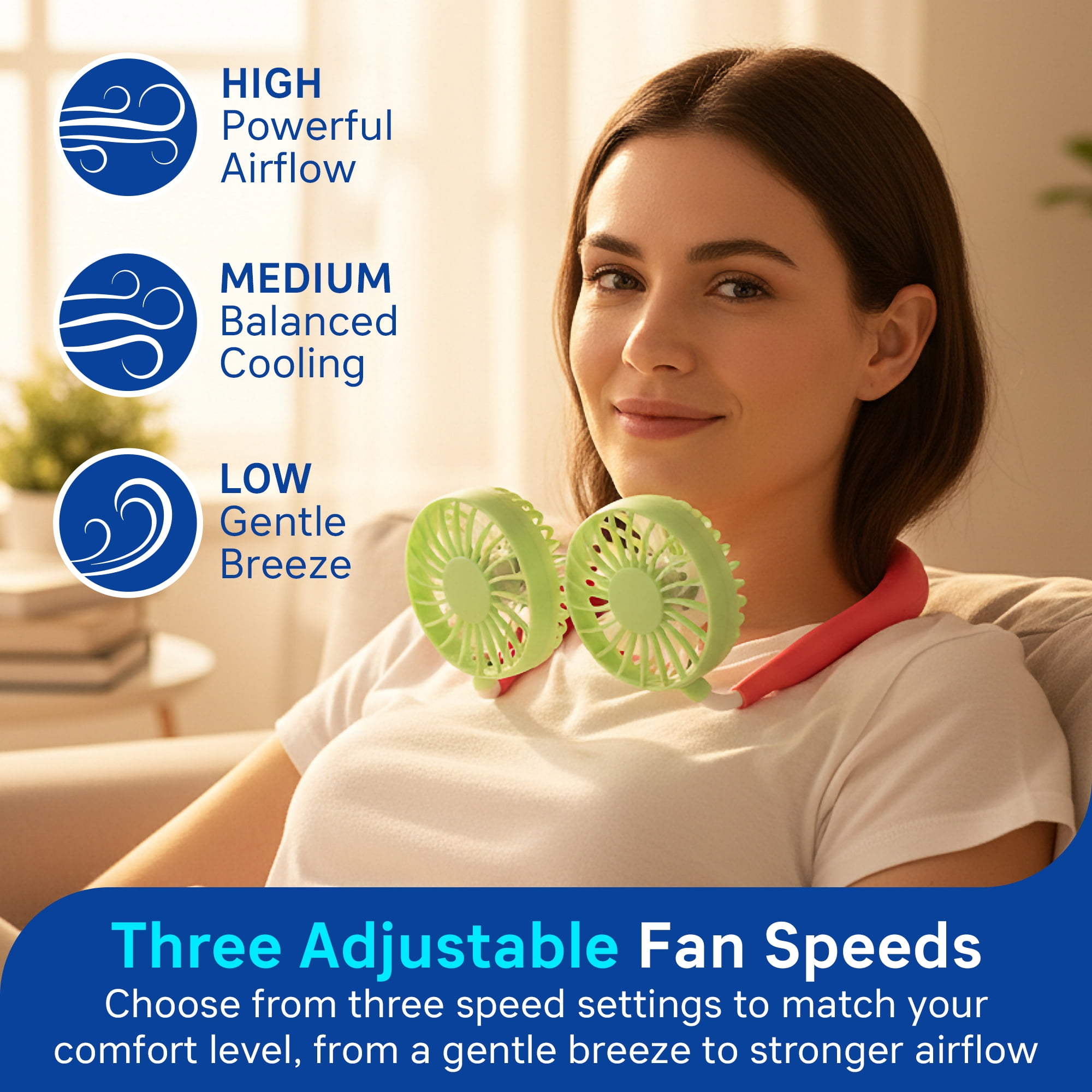 H-GLO Portable Neck Fan with LED Lights, Rechargeable, 3 Speeds, White, 1-Pack