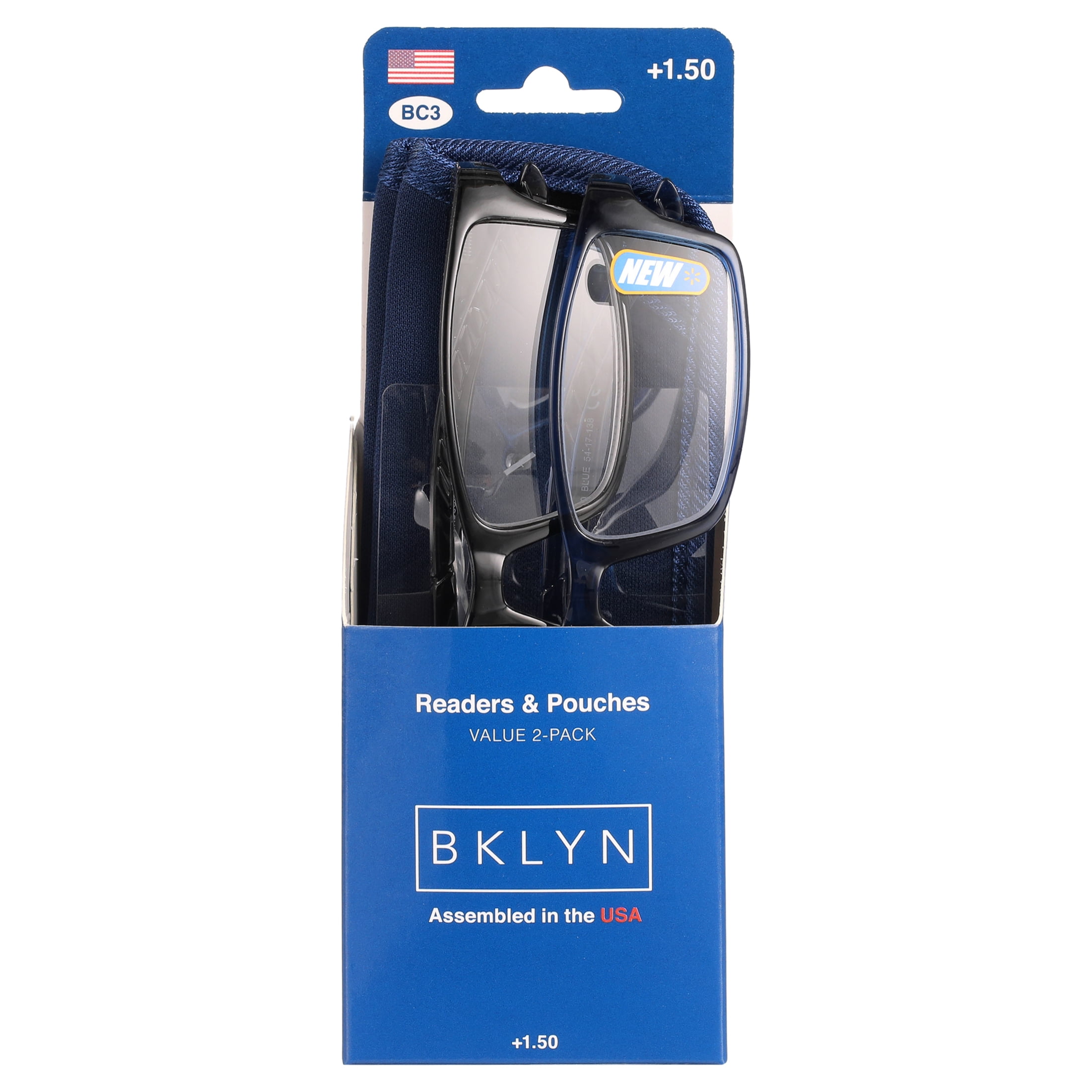Bklyn, Windsor +1.50, Adult, Unisex, Plastic Reading Glasses & Pouches Value Pack , 2 Ea