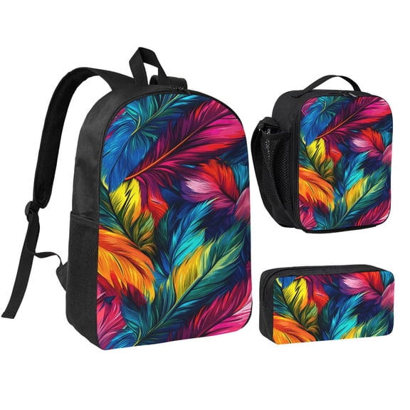 Colorful Feather Backpack Set 3pc Including Backpack, Lunch Bag and Pen Bag Combination