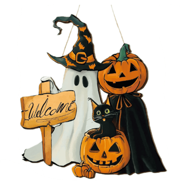 Halloween Welcome Sign with Pumpkin Skeleton Wreath – Wooden Door Hanger for Scary Party Entrance Decor